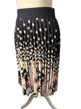 Metrowear pleated multicolor floral/Polka Dot Midi Skirt elastic waist lining L